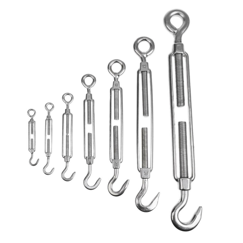 2xStainless Steel Hook & Eye Turnbuckle Open Body Wire Rope Tightener