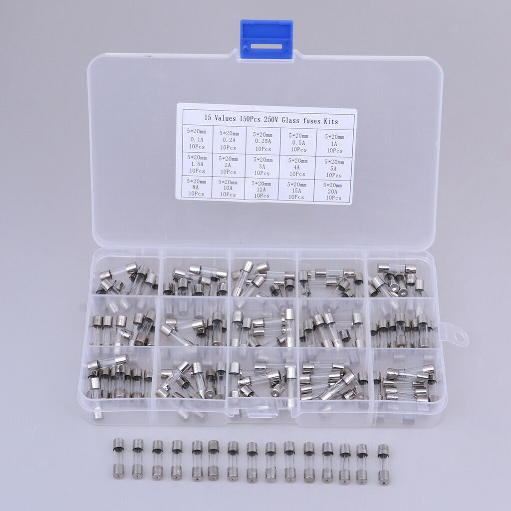 150x Glass Fuse Tube Assorted Kit Amp Fuse 0.1A-20A with Box