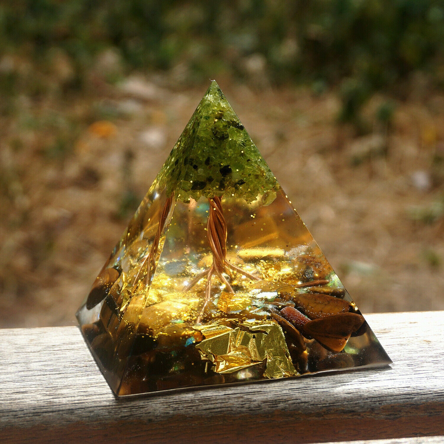Handmade Tree of Life Orgone Pyramid 60mm Peridot With Tiger Eye Crystal Stone