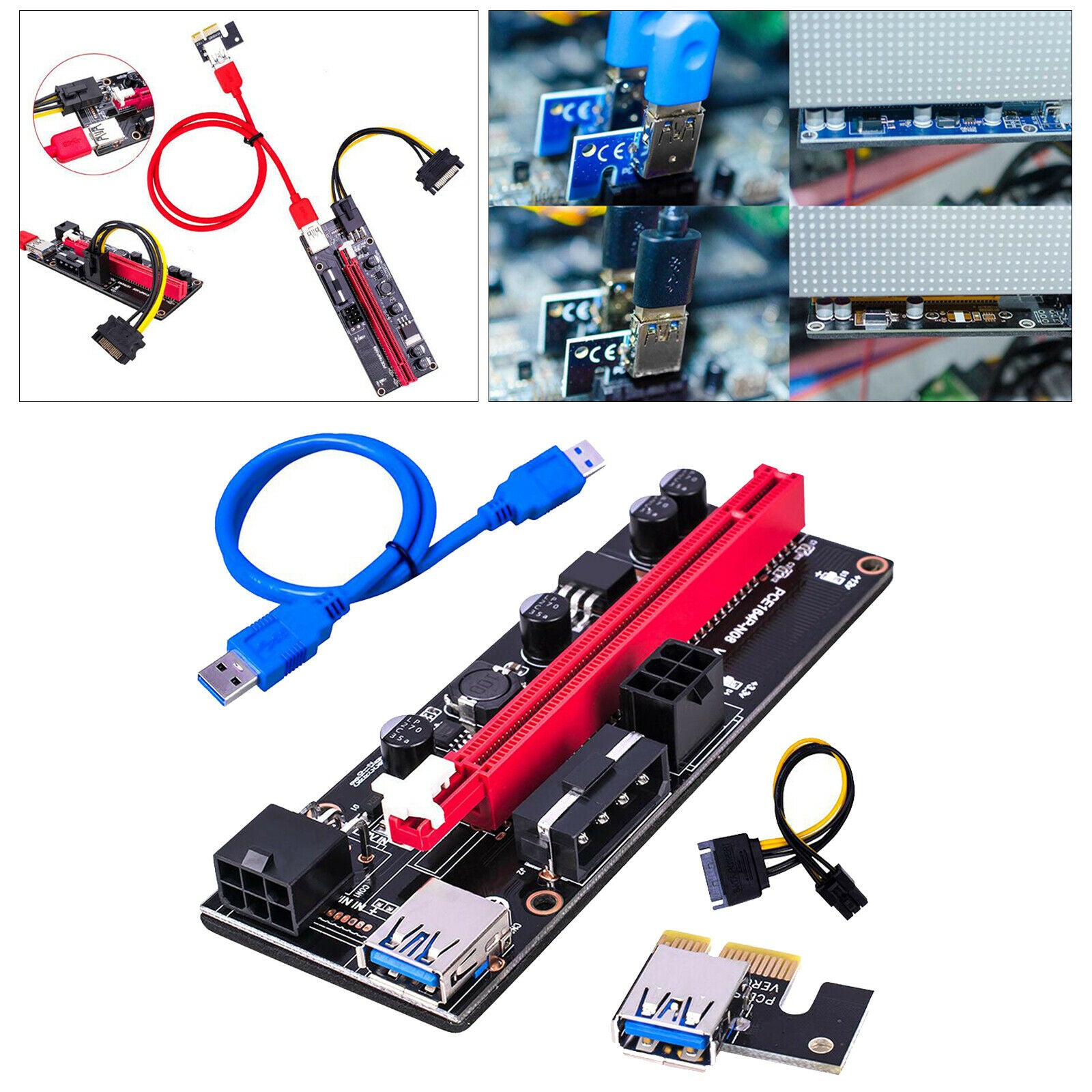2Pcs PCI-E VER 009S 1x to 16x Graphic Extension USB 3.0 Adapter Card 2X 6PIN