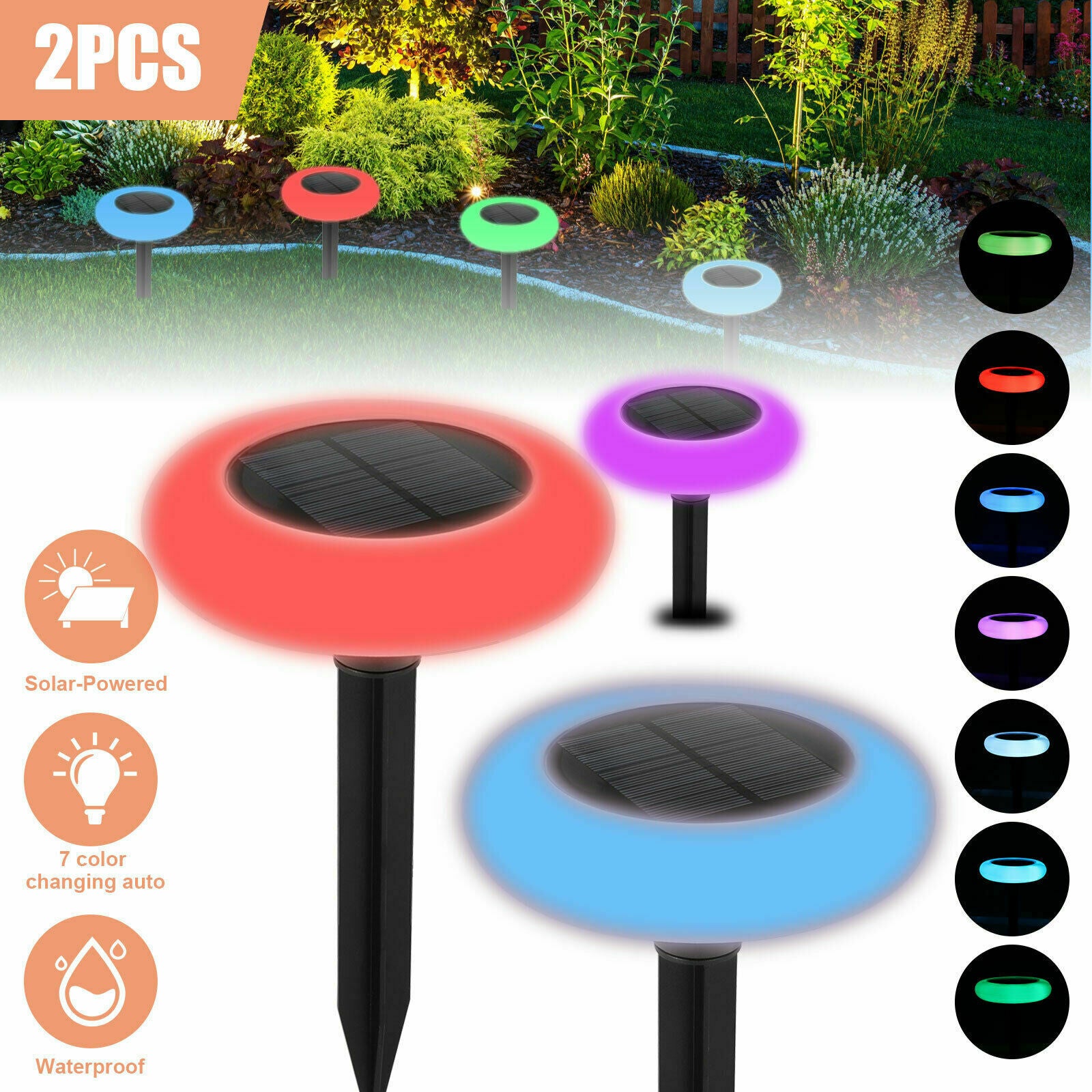 2PCS Solar LED Light Waterproof Lawn Lamp Yard Lanscape Color Changing Outdoor