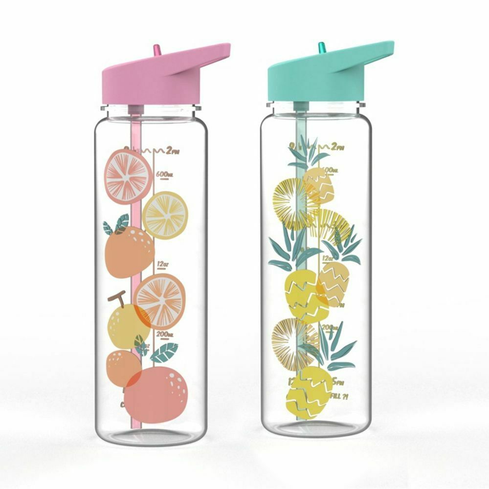 Gym Leakproof Portable BPA Free Cup Fruit Pattern Straw Sports Water Bottle