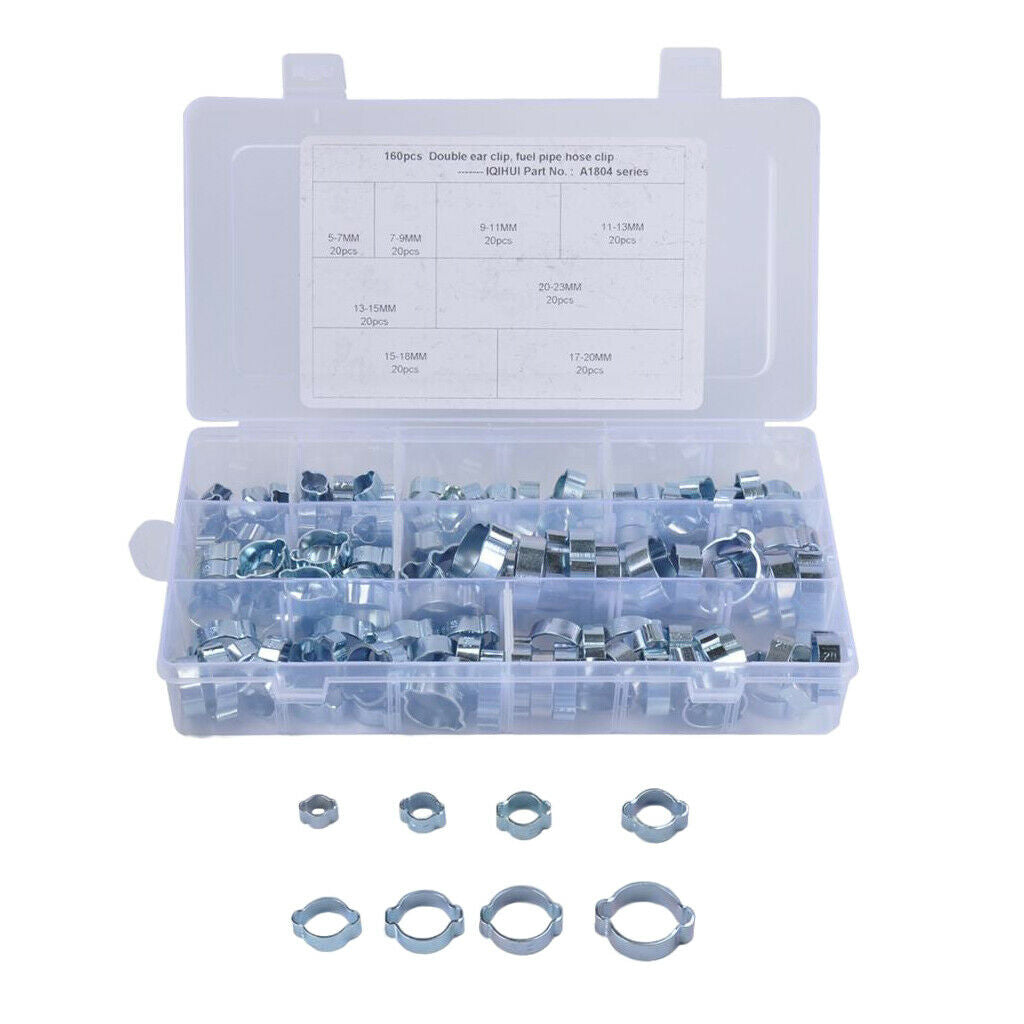 8 Kind of DOUBLE EAR HOSE CLAMP O CLIPS 160pcs W/ STORAGE BOX