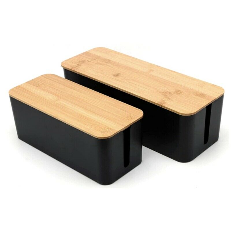 2 Pack Cable Management Box Large & Medium Bamboo Cable Cord Organizer Box forO2