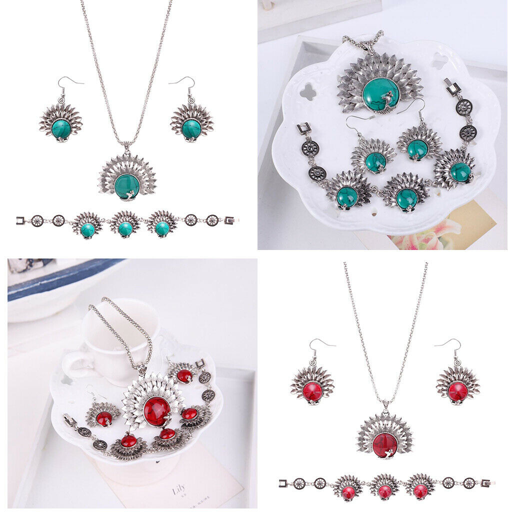 Turquoise Stone Pendant Necklace Earrings Bracelet Jewelry Set Peacock Green