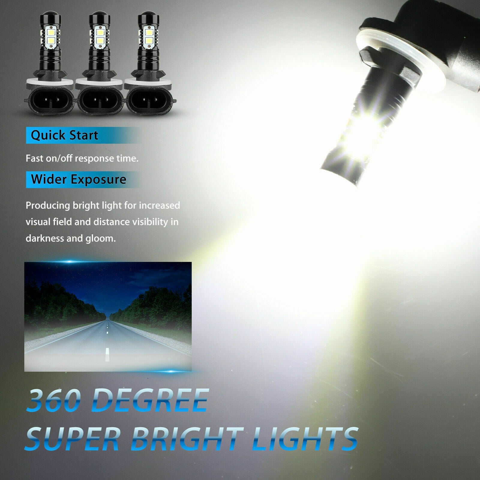 3PCS 881 LED Headlight Kit Fog Light Lamp Bulbs 10SMD White 6000K High Power