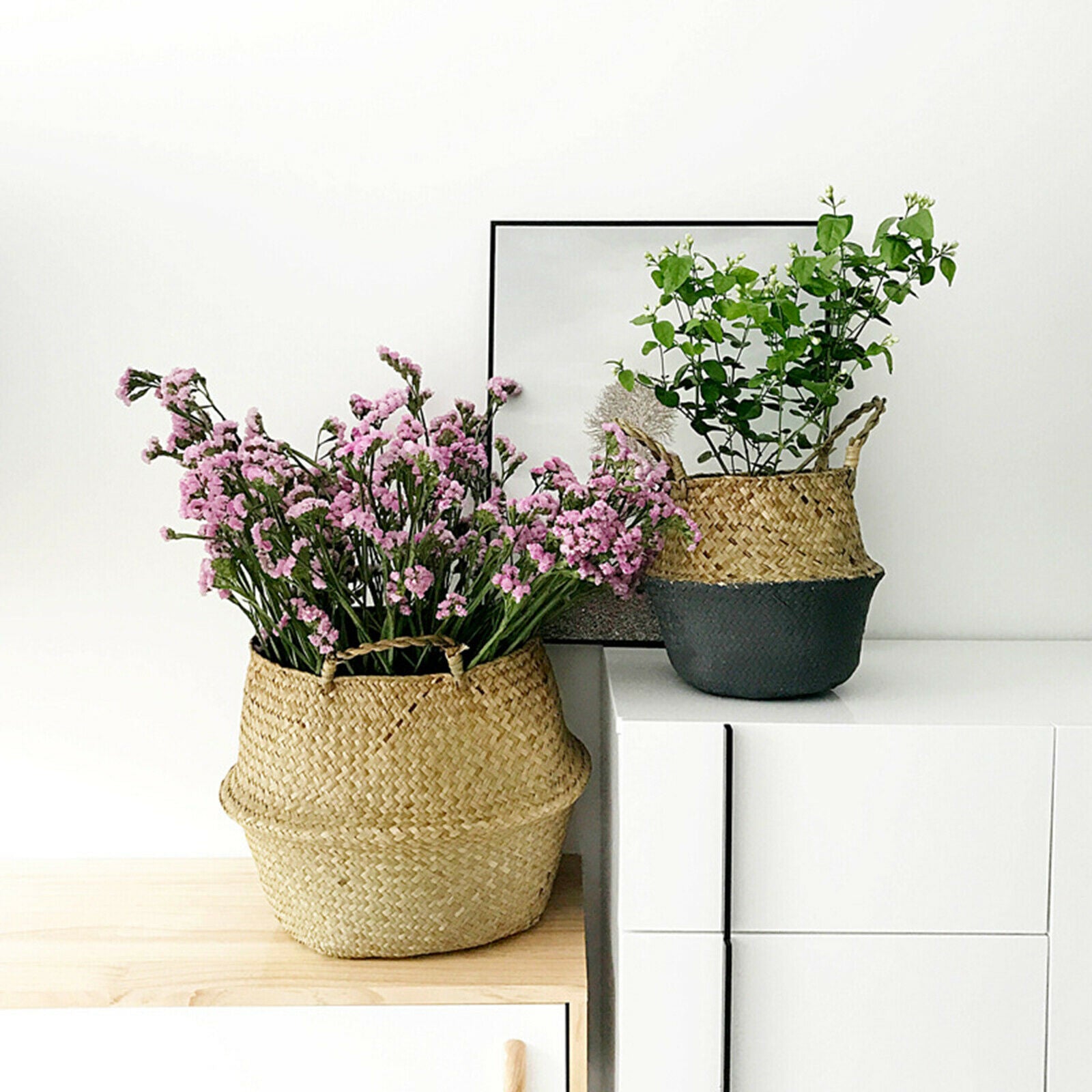 Seagrass Woven Belly Basket Flower Planter Pot Laundry Storage Garden Homes