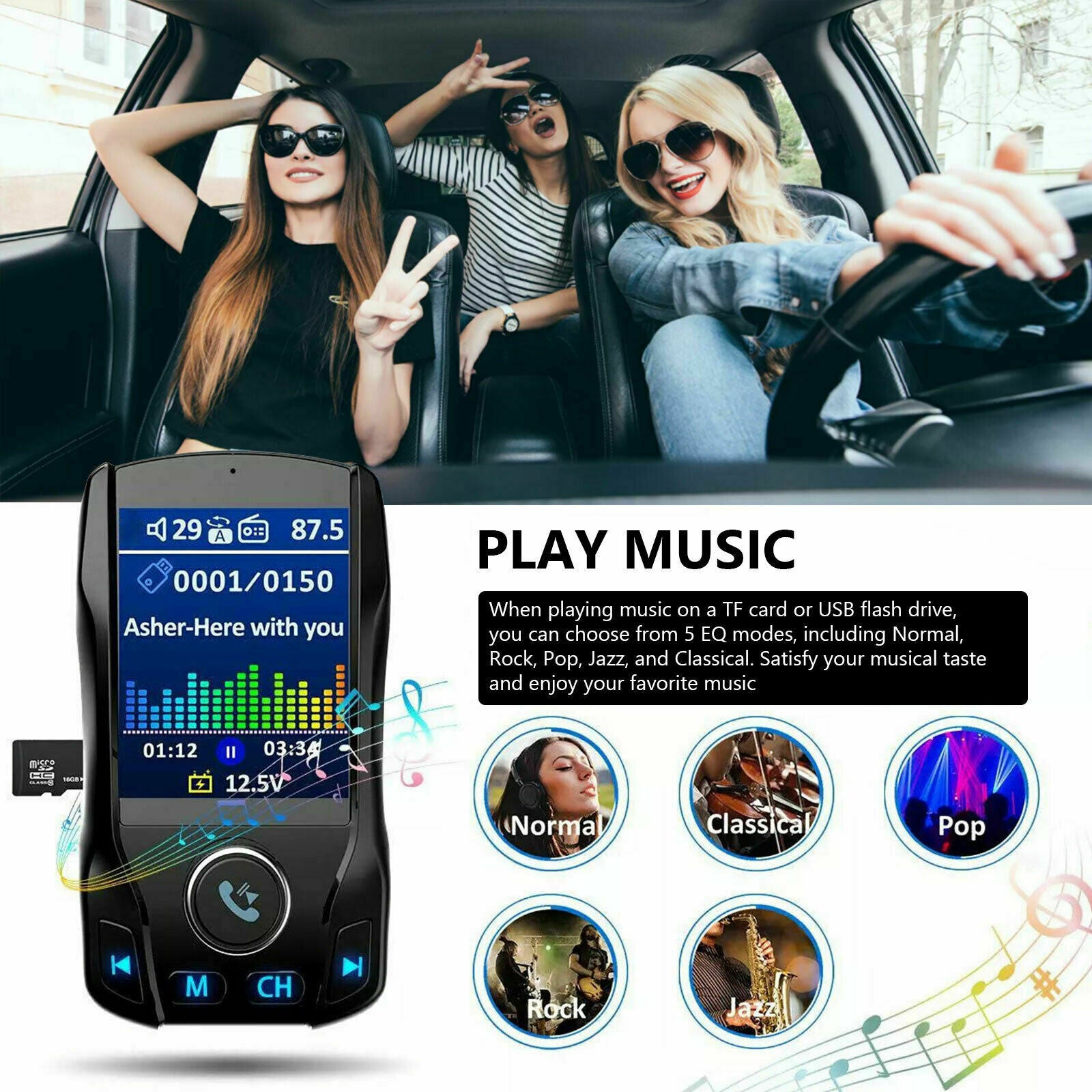 1.8 inch Car Bluetooth 5.0 FM Transmitter MP3 Wireless Adapter Dual USB Charger