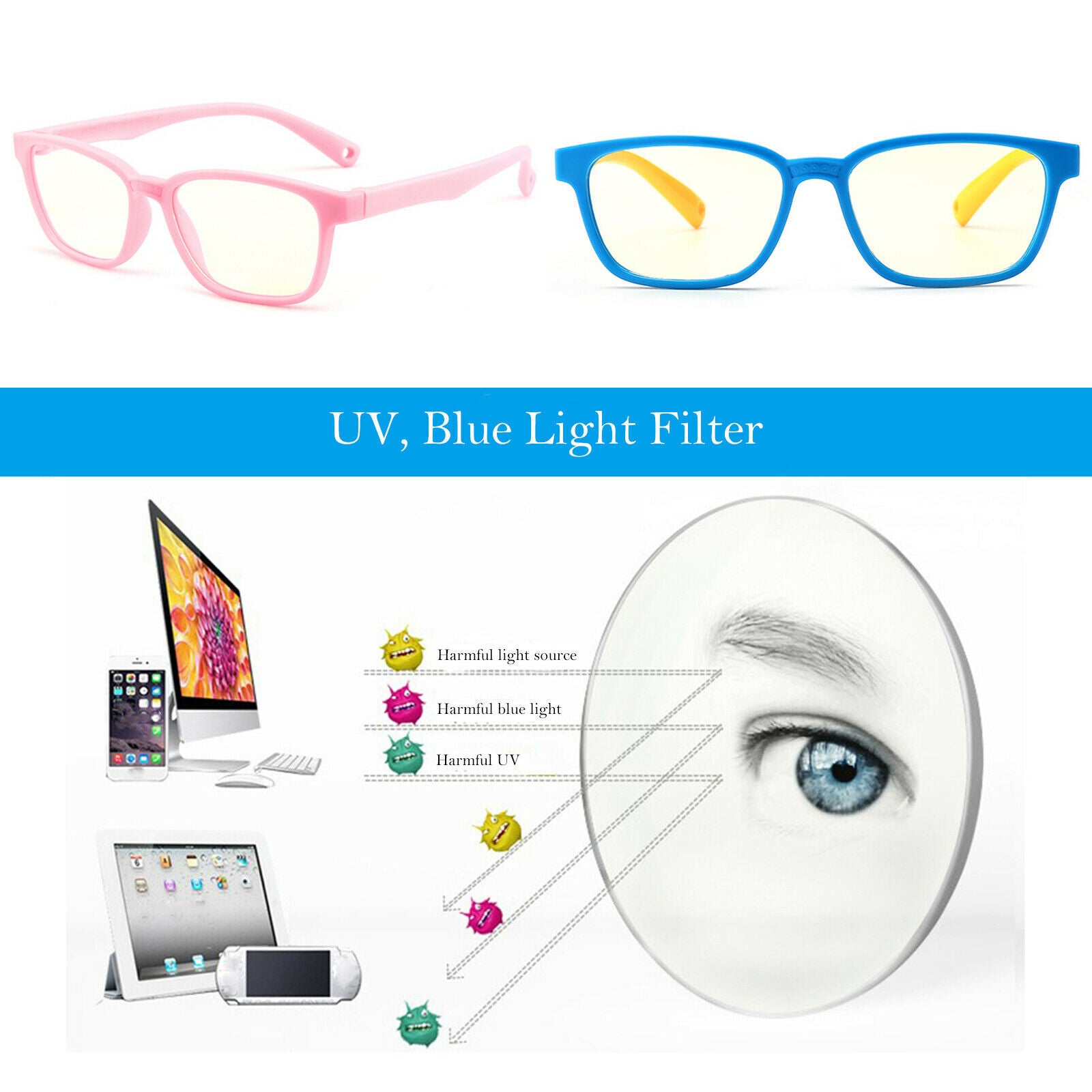 Kids Glasses Anti Blue Light UV400 Children Gaming Computer Goggles Black
