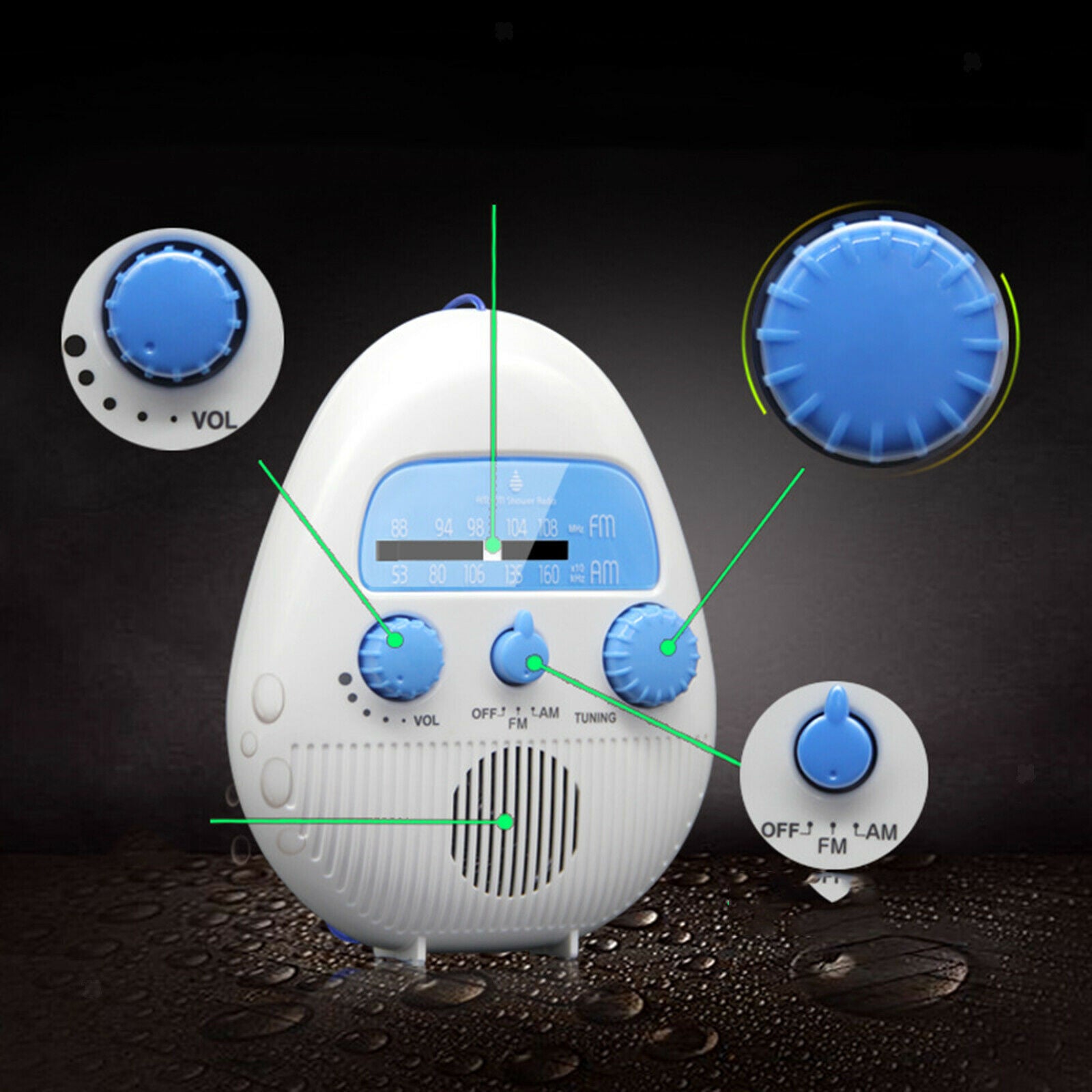 Portable Shower Radio Electronic Button Adjustable Volume IPX4 For Kitchen
