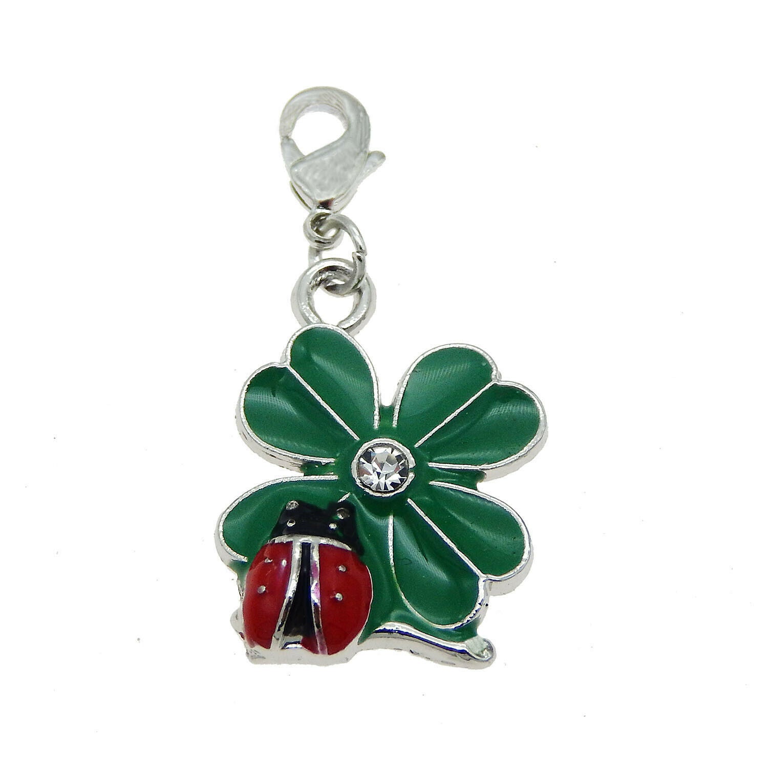8-pack Green Enamel Clover Ladybug Charm Lobster Clasp Pendant Keychain Dangles