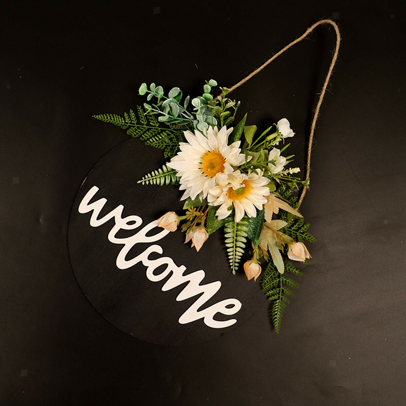 16'' Wood Welcome Sign Green Leaves Outdoor Front Door Decoration Accessory