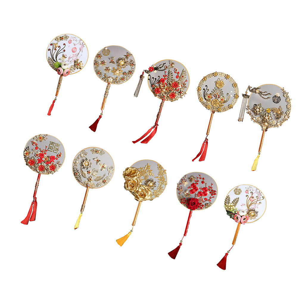 1 Set DIY Handmade Round Fan Chinese Style Wedding Bride Round Hand Fans A