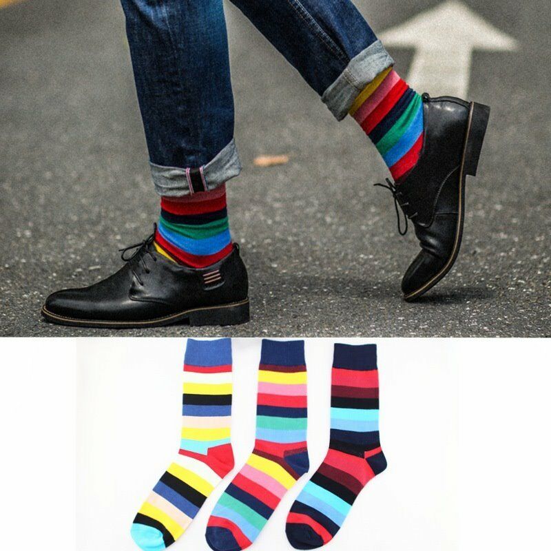 3Pairs Men Cotton Socks Lot Colorfu Striped Casual Happy Socks