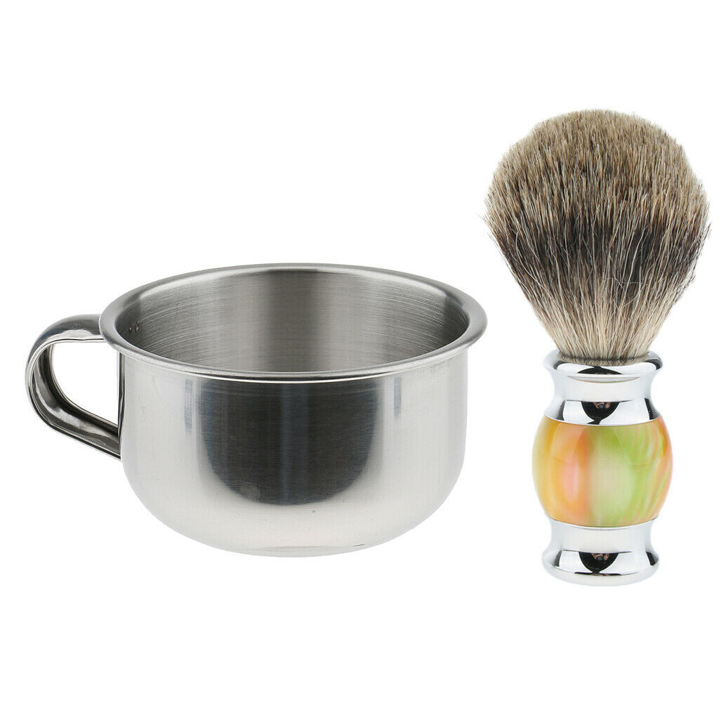 Stainless Male Shaving Bowl Barber Beard Soap Cup + Wood Handle Shave Brush