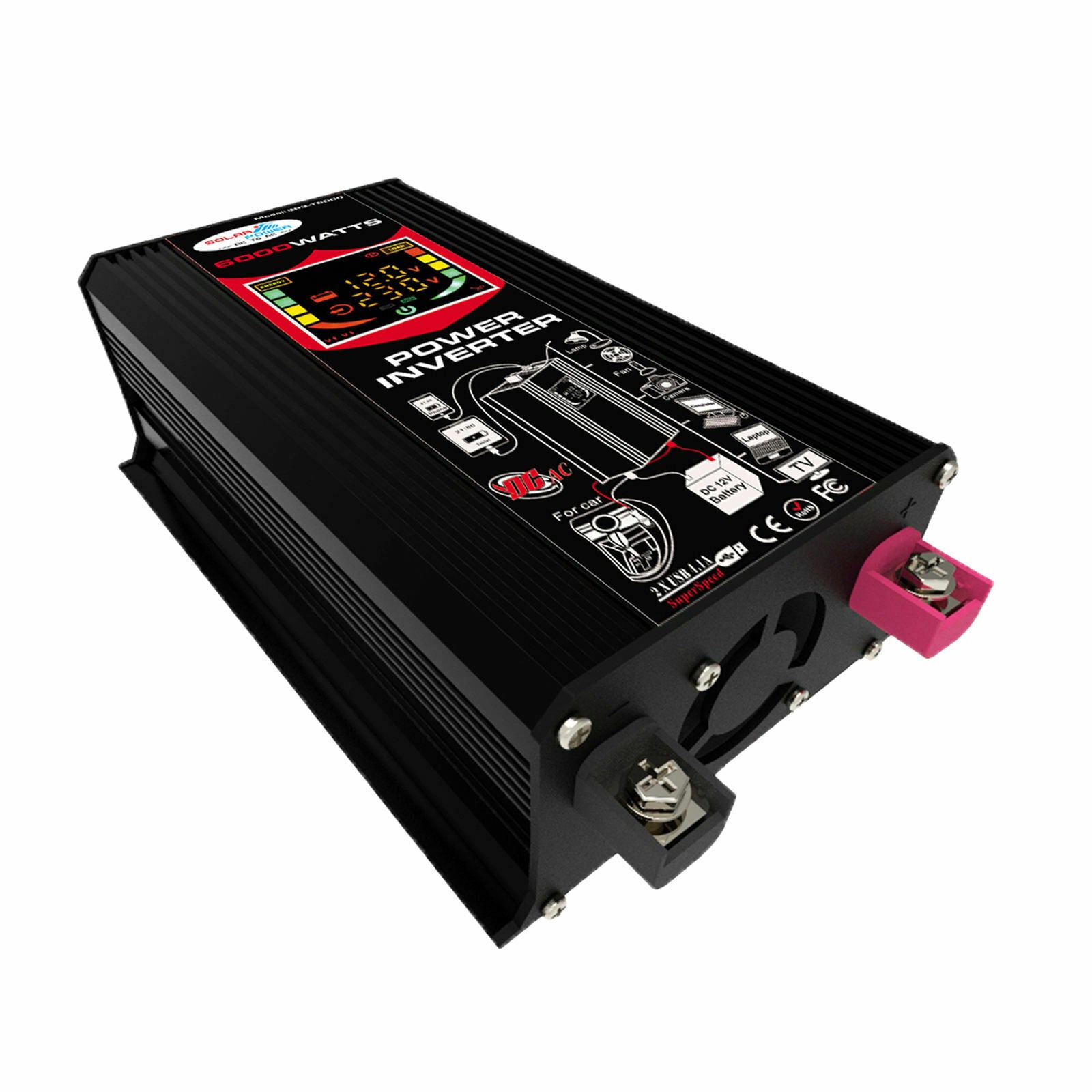 6000W Peak Car Power Inverter 12V to 110V DC to AC Dual USB Port Black