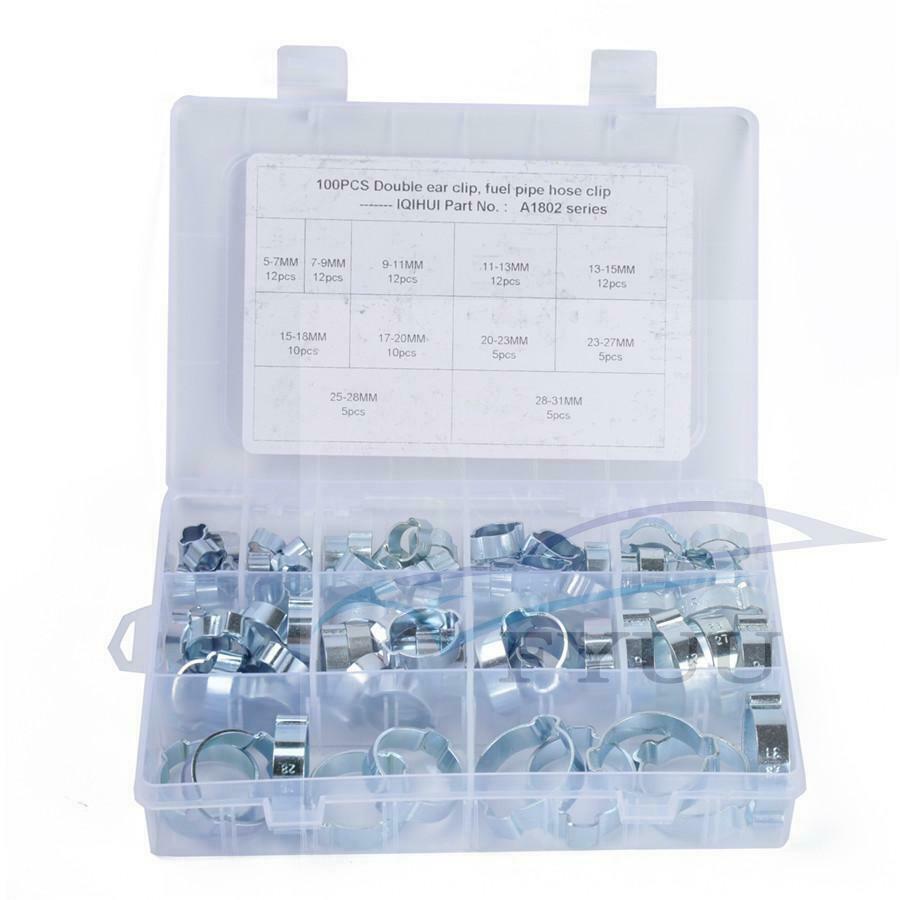 100X Double Ear Hose Clips Water Fuel Air Clamps 5-31MM Zinc Plated Box + Pliers