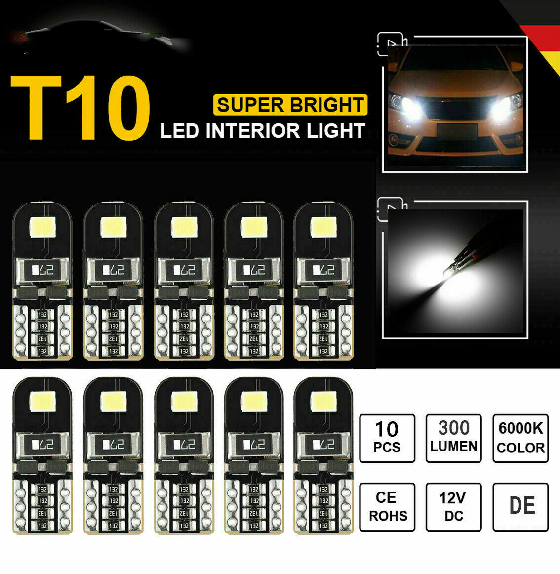 10* 6000K Canbus 2825 T10 168 194 W5W Dome License Side Marker LED Light Bulb US