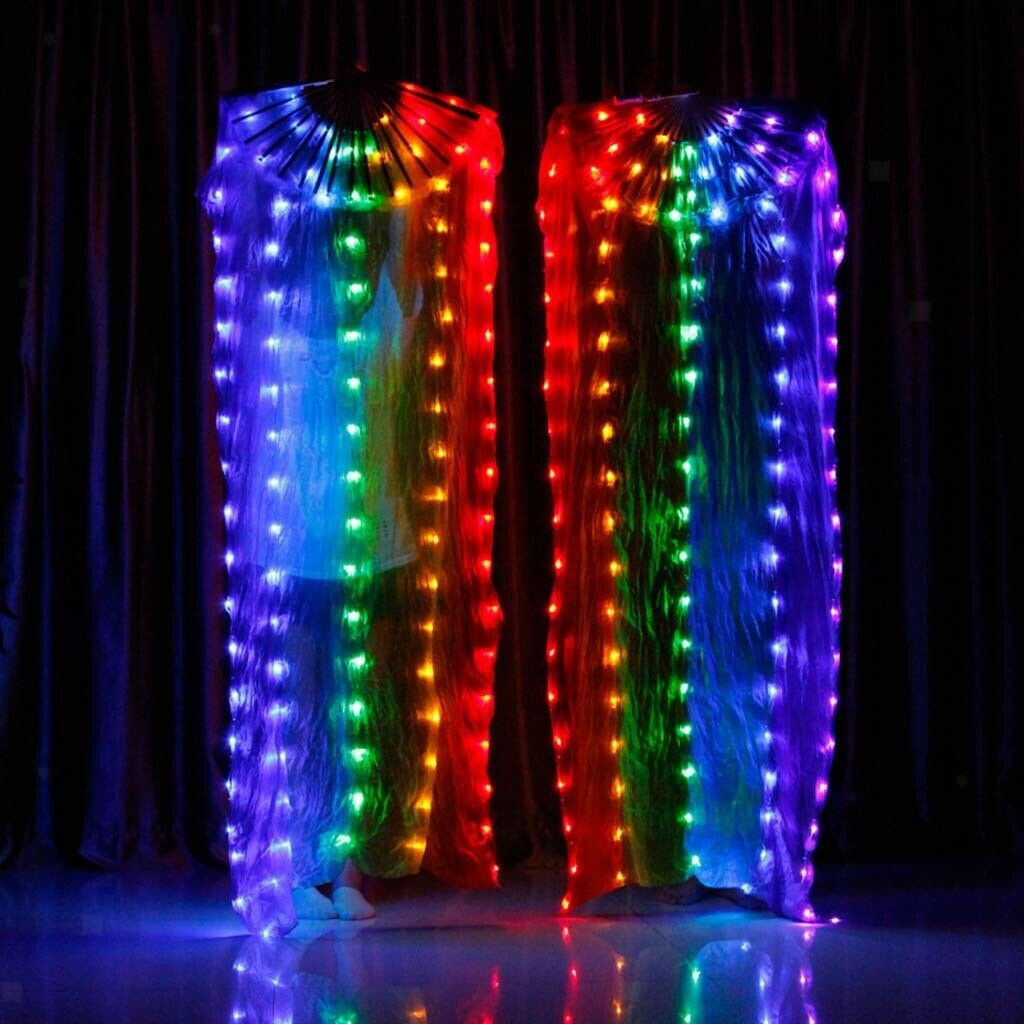 Single Real Silk Fairy LED Lights Belly Dance Hand Fan Veils Party Costume