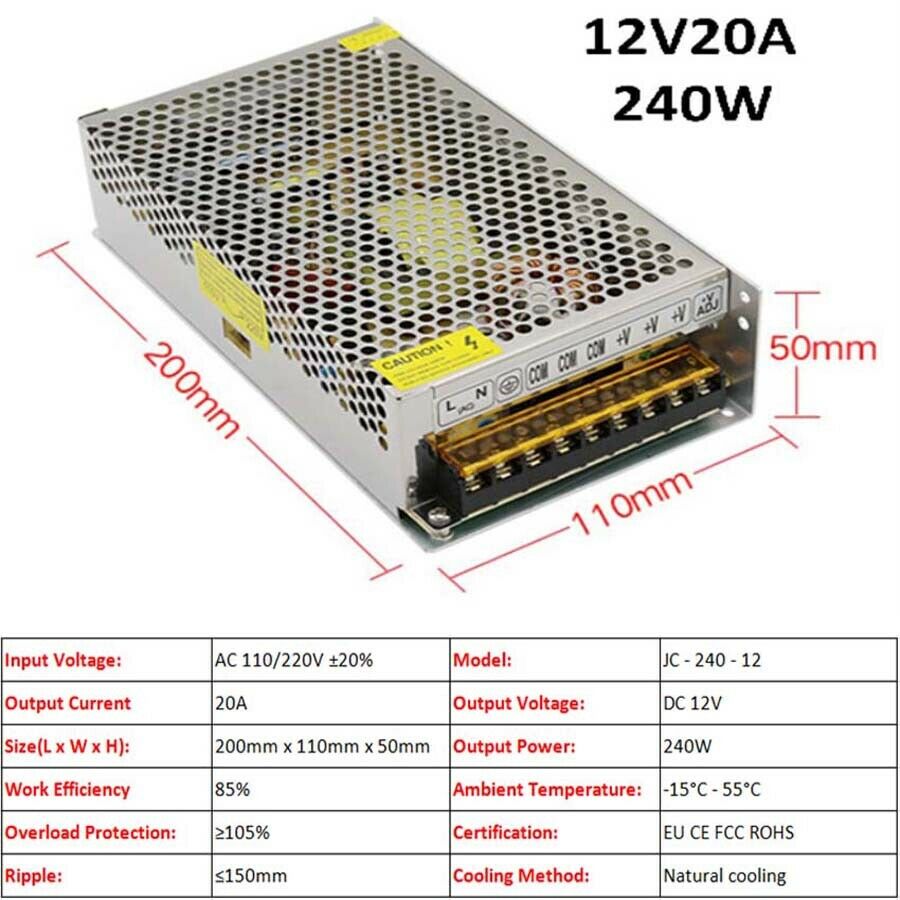 12V 20A 240W Regulated Switching Power Supply PSU Transformer LED Strip Monitor