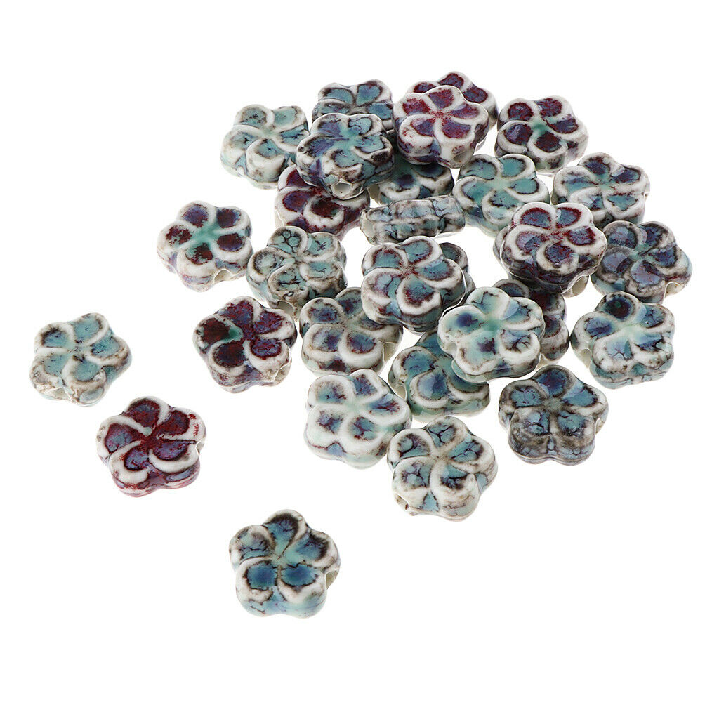 Prettyia 30Pcs Flat Flower Ceramic Spacer Loose Beads Porcelain Charms