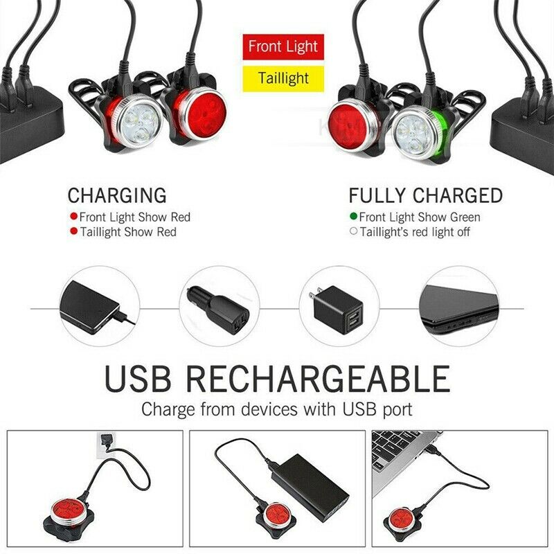 2x LED USB Rechargeable Cycling Bicycle Bike Head Front Rear Tail Light Lamp Set