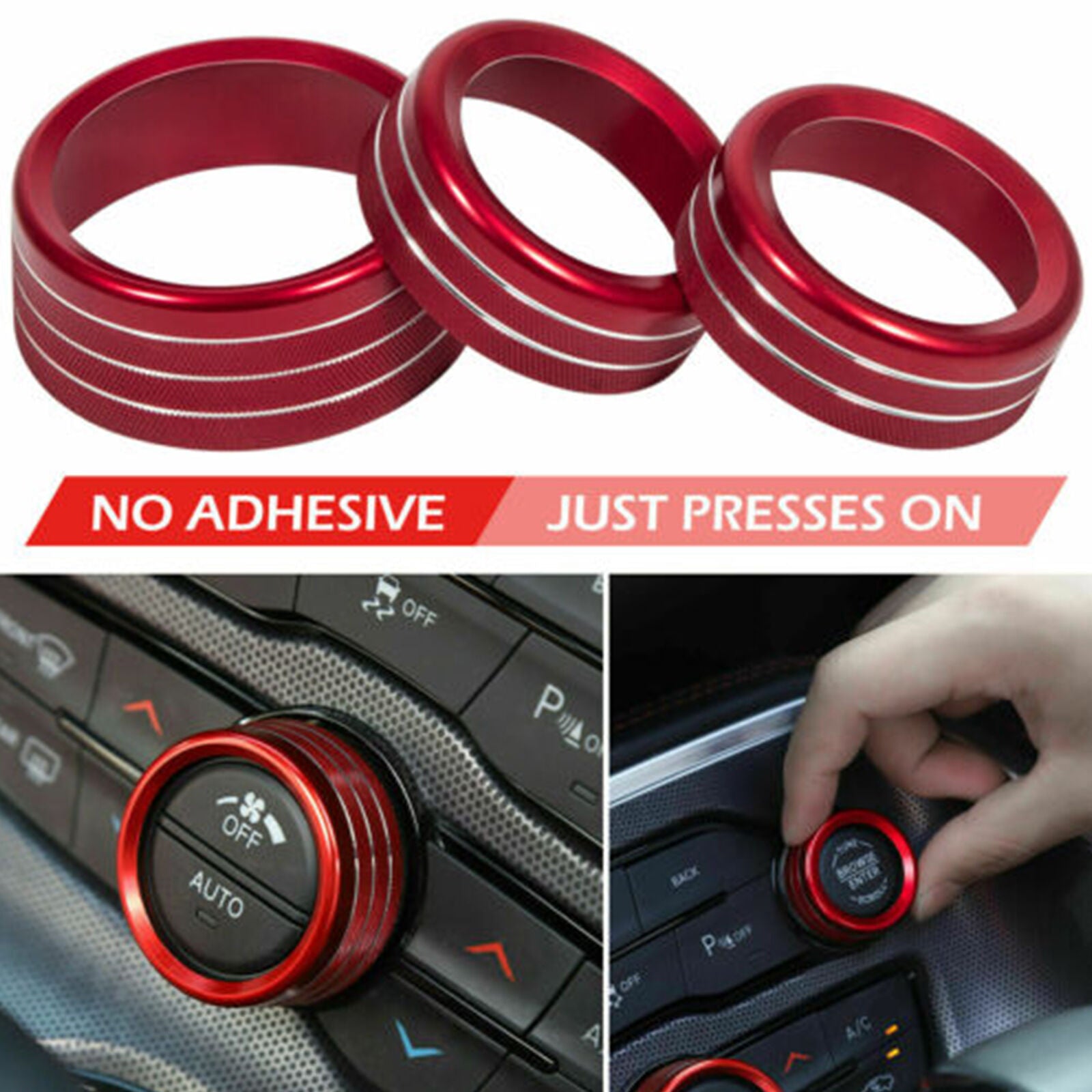 3x AC Radio Switch Trims Ring Knob Cover For Dodge Challenger/Charger 15-20 RED