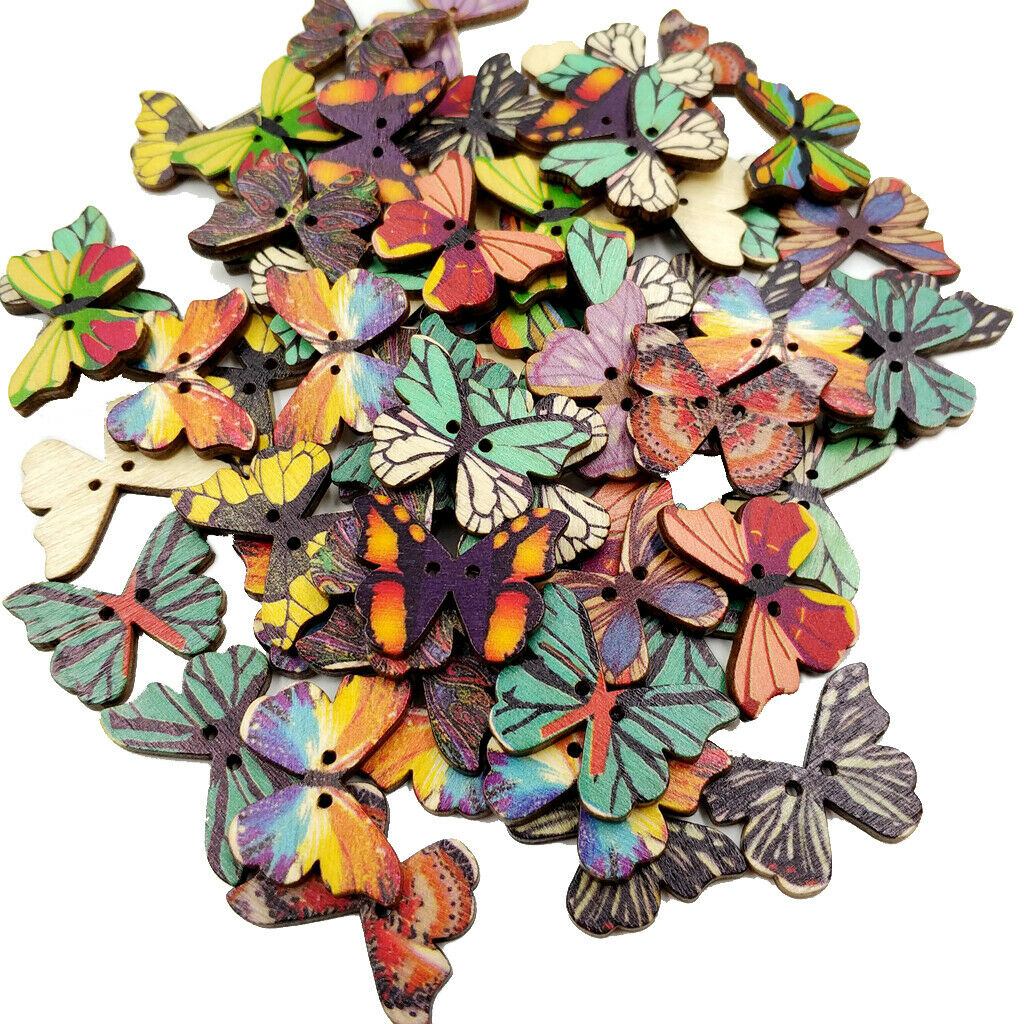 50pcs Mixed Butterfly Wood Buttons Clothing Decor Crafts Sewing Scrapbooking