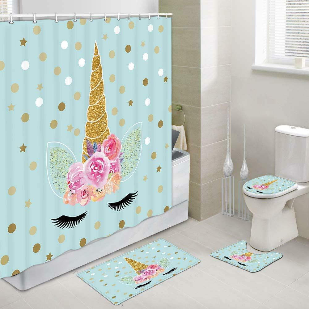 Fantasy Unicorn Fabric Shower Curtain Set Bathroom Toilet Pad Cover Bath Mats