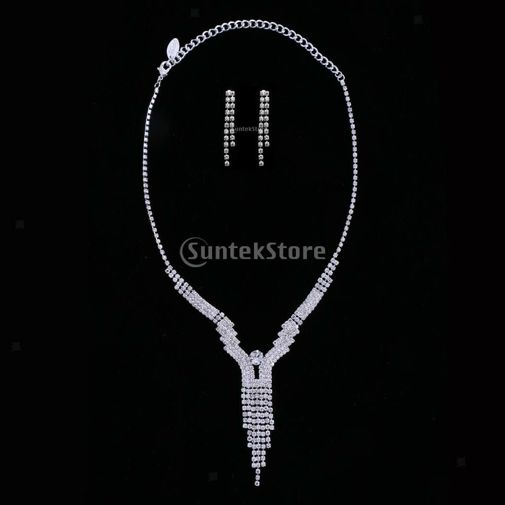 Ladies Rhinestone Tassel Necklace & Earrings Set Wedding Party Bridal Jewelry