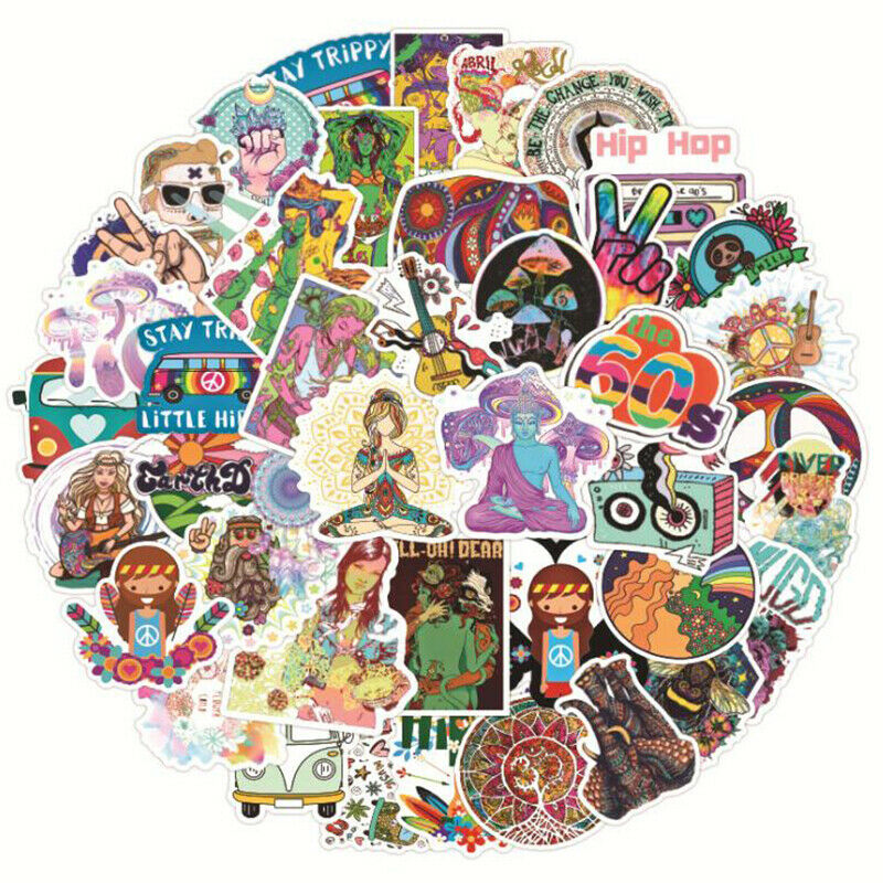 50Pcs Retro Hippies Stickers Waterproof Laptop Skateboard Luggage Guitar Stic Fx