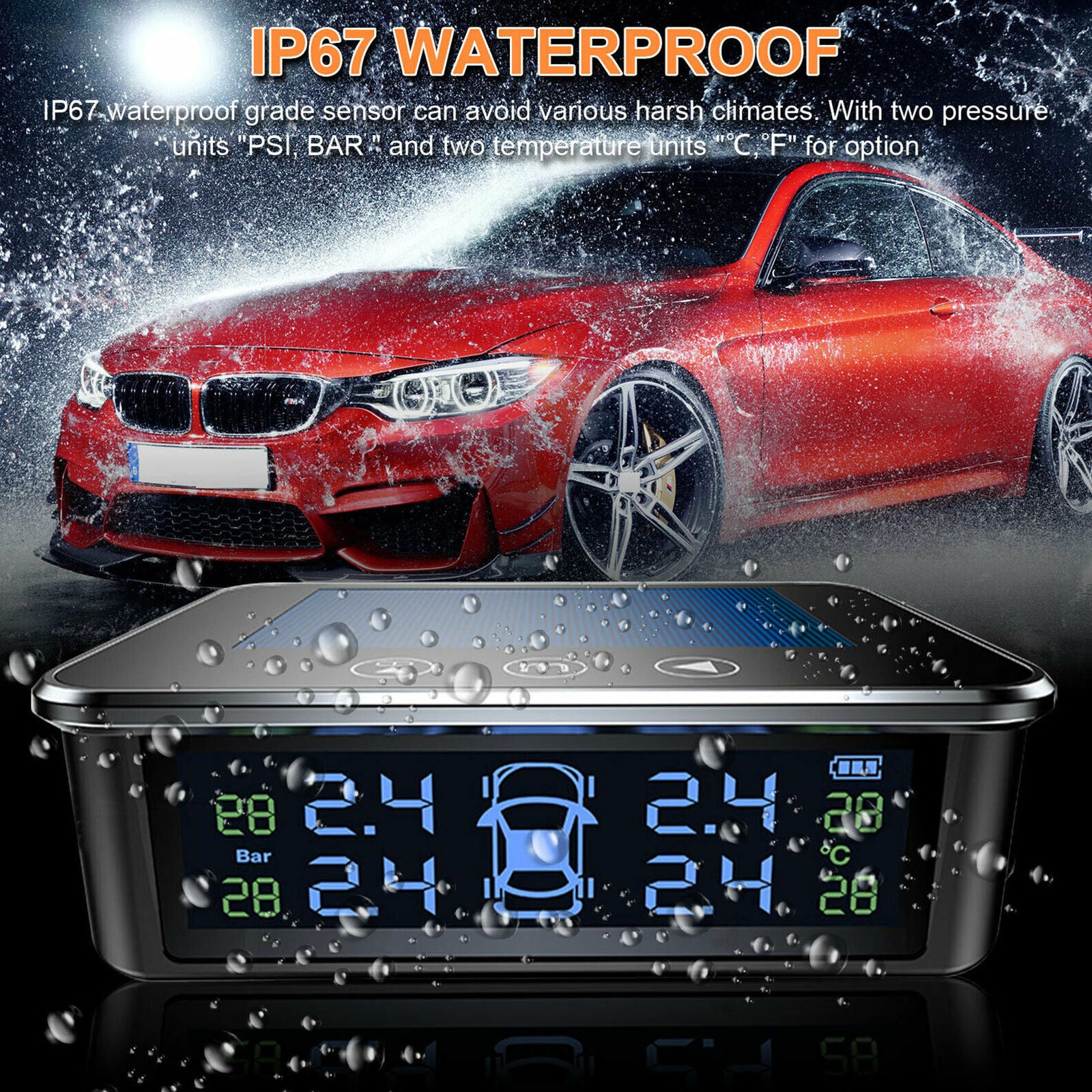 Wireless Touch Solar TPMS LCD Car Tire Pressure Monitoring System 4-Sensor Alarm