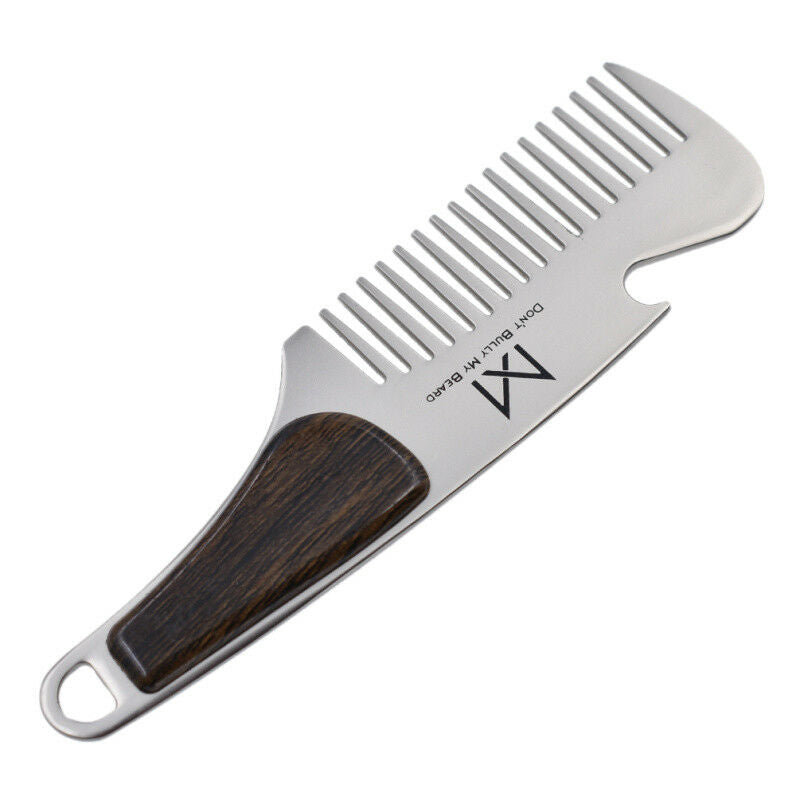 Portable Stainless Steel Wood Grain Beard Shaving Pocket Comb Mustache Brush