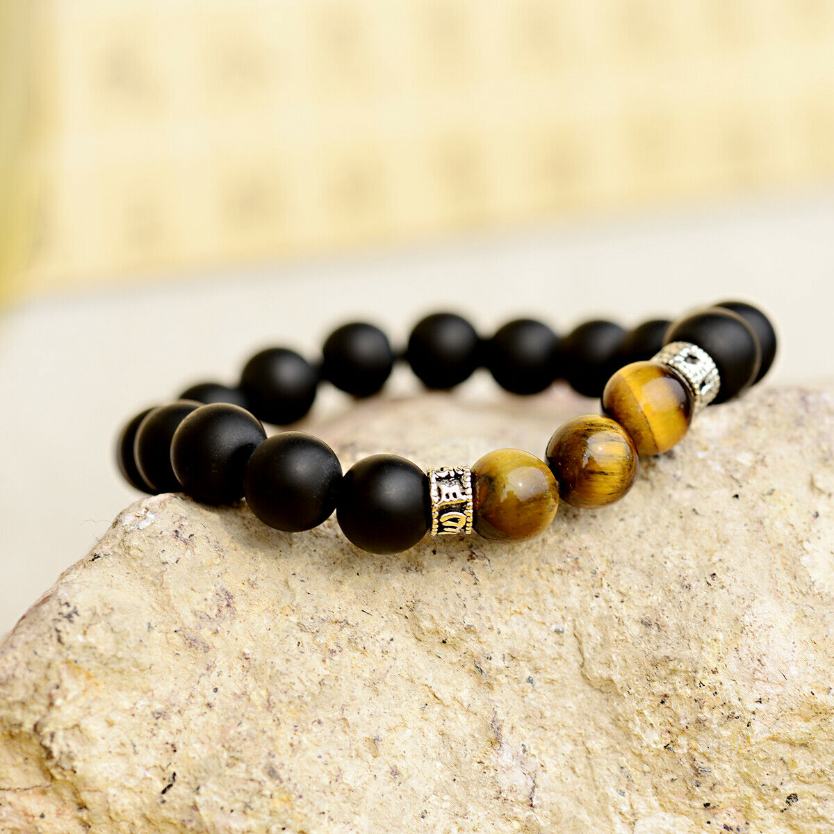 Hot Men's Fashion Black Onyx Stone Tiger Eye Sanskrit Beads Cuff Charm Bracelets