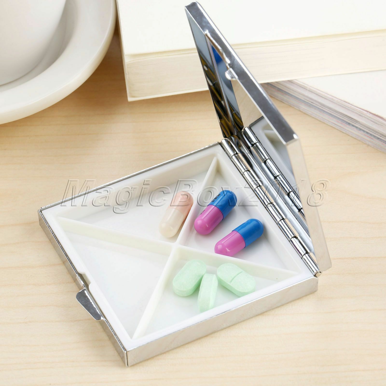 Rectangle Metal Pill Box Container Medicine Vitamin Capsule Organizer Case 4Grid