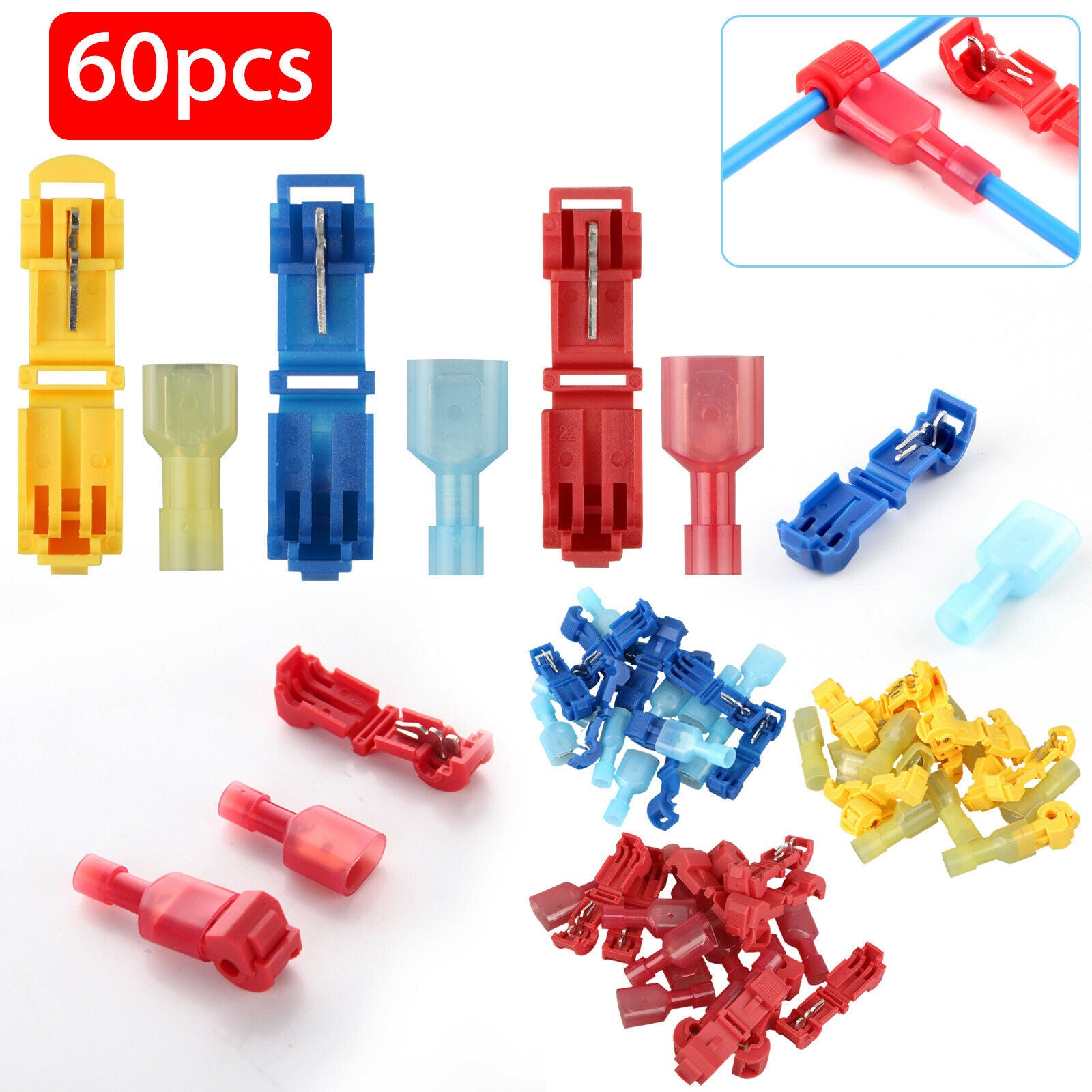 60pcs 22-10AWG Insulated  T-Taps Quick Splice Wire Terminal Connectors Combo Kit