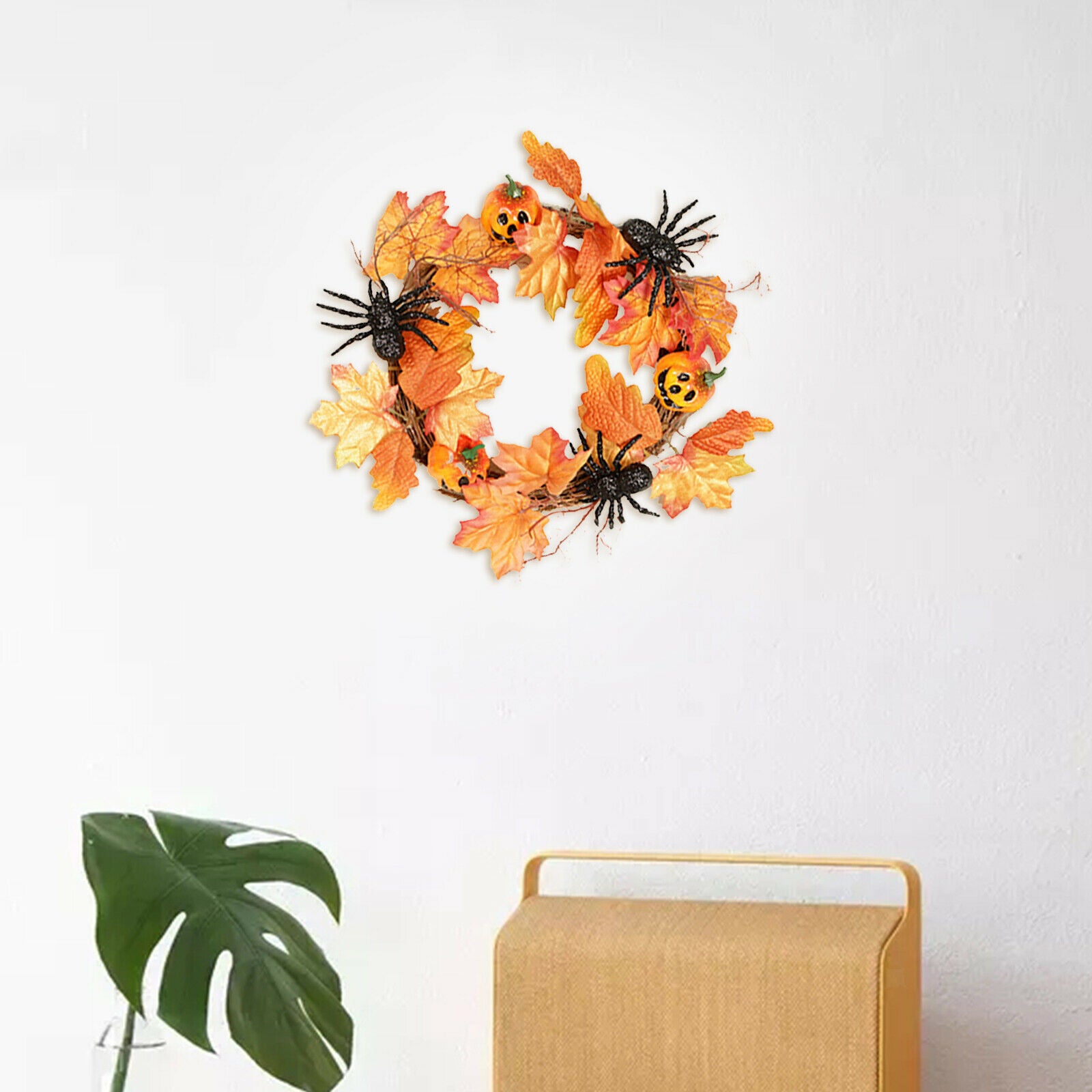 Round Autumn Maple Leaf Wreath Pumpkin Wreath Halloween Thanksgiving Decor