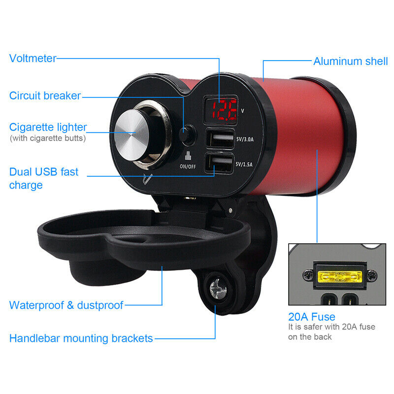 QC3.0 Motorcycle Bike Cigarette Lighter Socket Dual USB Charger Switch Voltmeter