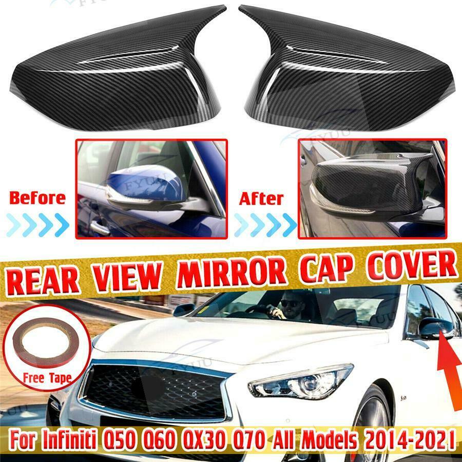 Pair Carbon Fiber Look ABS Mirror Cover Cap For INFINITI Q50 Q70 2014-21 Add On