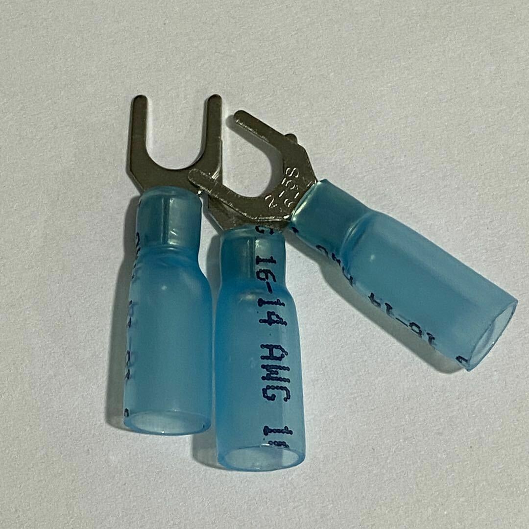 100 Heat Shrink Spade Fork Terminal Connector Blue 16-14 GA AWG Gauge #10 Stud