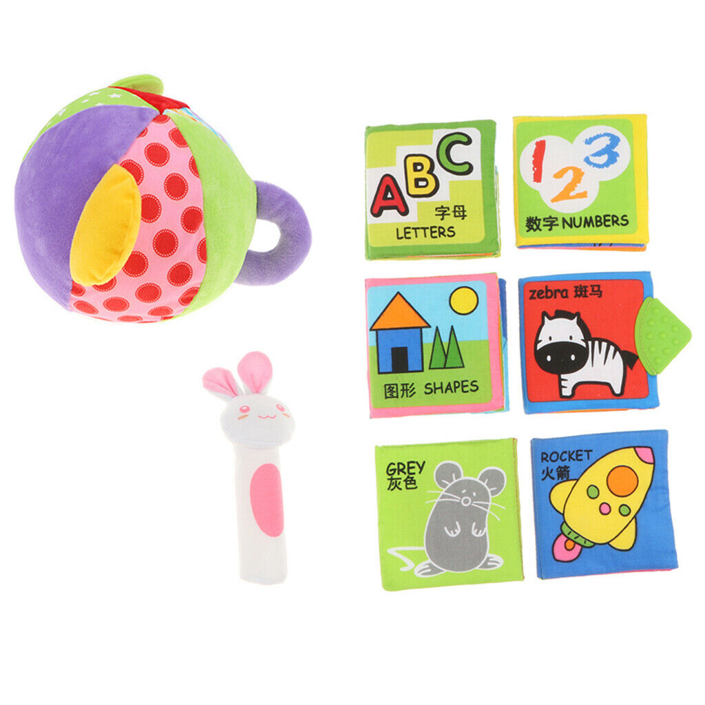 Set of 8 pieces Baby Soft Cloth Books & Rattle Squeaker, Early Number Letter