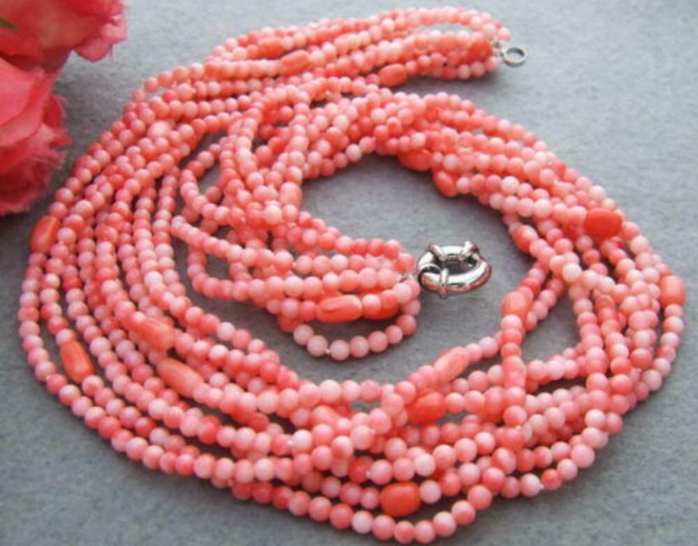 8 Rows Pink Coral Necklace 18" Multi Strands Coral Torsade Necklace For Women