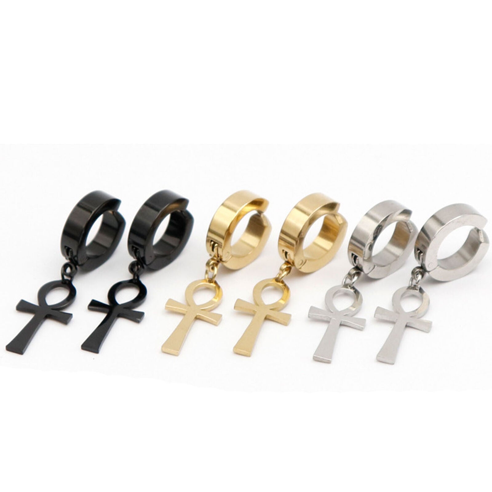 6pcs Men's Women's Stainless Steel Ankh Egypt Cross Drop Dangle Hoop Earrings