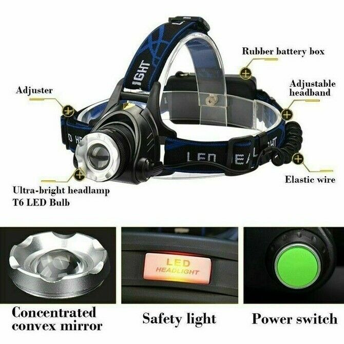 1PCZoom Headlamp Rechargeable T6 LED Headlight Flashlights Head Torch Fish s