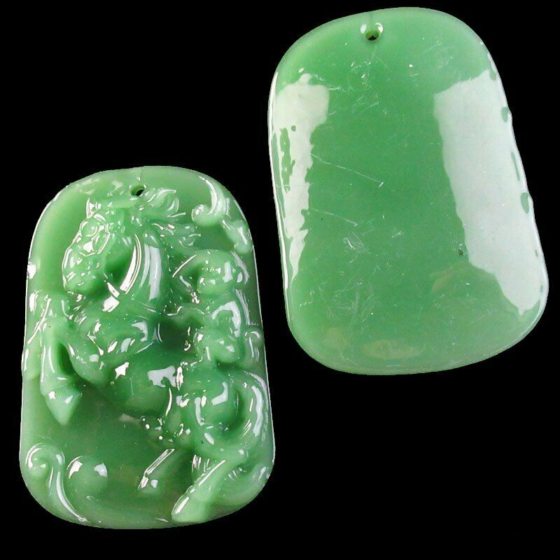 2Pcs 48x32x9mm Carved Green Jade Horse Pendant Bead 34g A-34JY