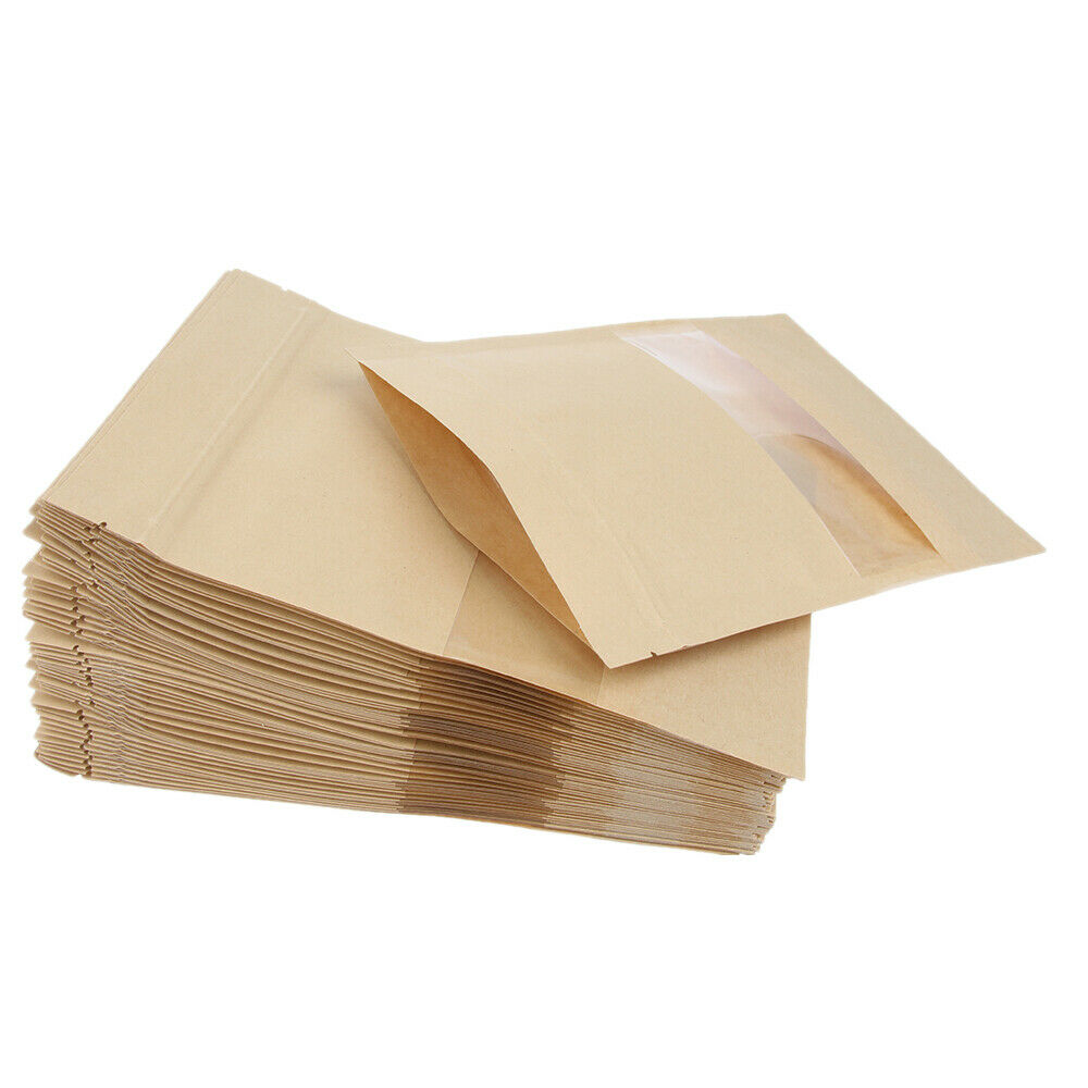 100X Kraft Paper Bags w/ Transparent Window Dry Food Coffee Storage 14x22+4