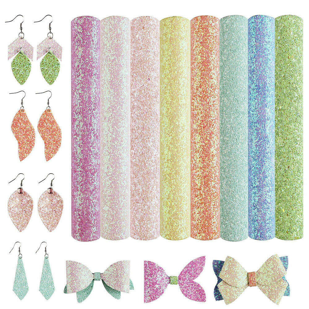 8Pcs Glitter Faux Leather Fabric Sheet For Earring Hair Bow DIY Making Handcraft