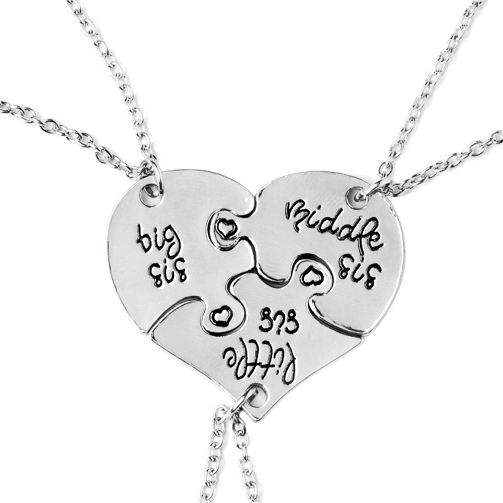 3pcs/Set Heart Puzzle Shape Little Sis Middle Sis Big Sister Pendant Necklace