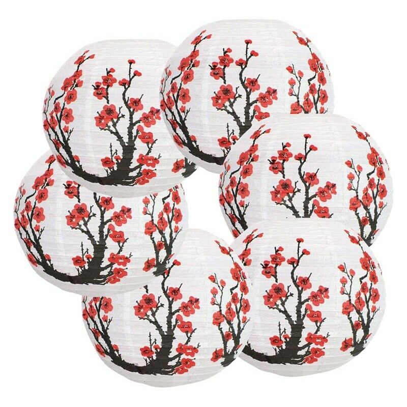 6 Pack 12Inch Red Cherry Flowers Paper Lantern White Round Chinese Japanese N1S1