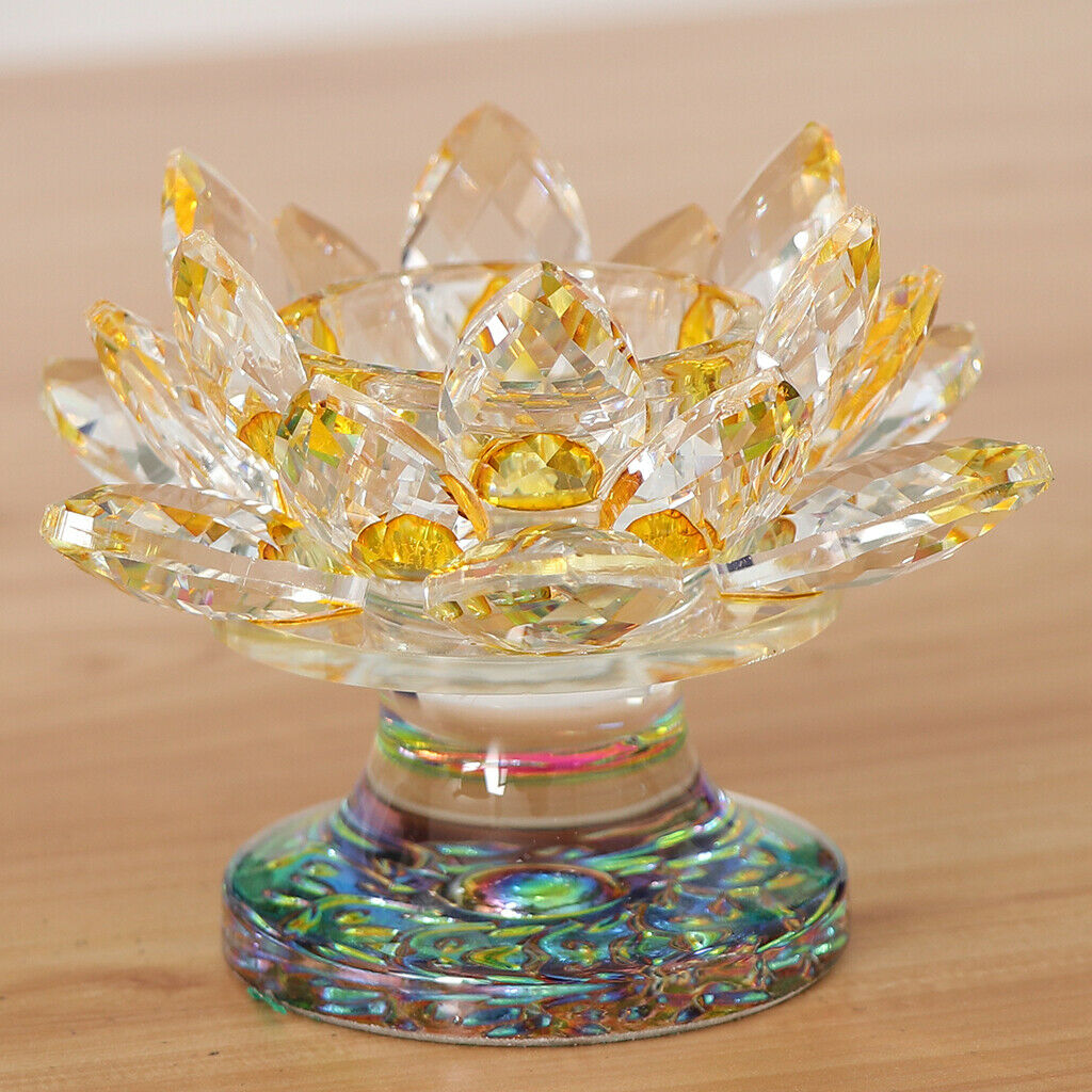 7 Colors Buddhist Crystal Glass Tea Light Lotus Flower Candle Holder Yellow